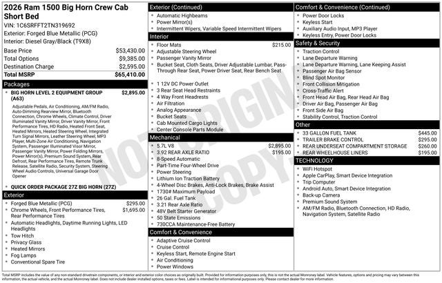 2026 RAM Ram 1500 Big Horn 4x4 Crew Cab 5'7 Box