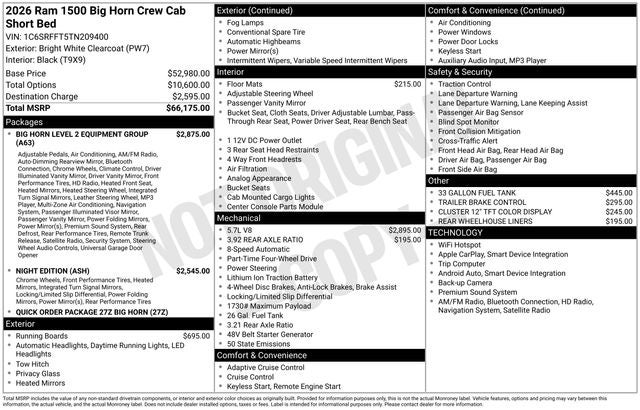 2026 RAM Ram 1500 Big Horn 4x4 Crew Cab 5'7 Box